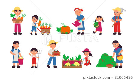 Harvest autumn collection. Gardening women, farmer working in garden. Fresh vegetable, isolated agriculture people and children decent vector set Harvest autumn collection. Gardening women, farmer working in garden. Fresh vegetable, isolated agriculture people and children decent vector set 81065456