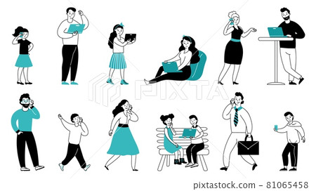 Person surfing internet. Young people with phone, guys browsing computer. Wifi access, adult girl read message. Addiction decent vector set Person surfing internet. Young people with phone, guys browsing computer. Wifi access, adult girl read message. Addiction decent vector set 81065458