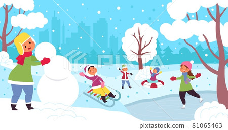 Cartoon winter kids. Child illustration, kid snowy christmas vacations. Fun children group playing snowball and skating decent vector scene 81065463