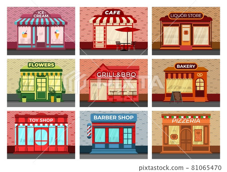 Retro store facades. Different stores, local storefront in brick wall. City shop, bakery supermarket and barber retail. Commercial building recent vector set Retro store facades. Different stores, local storefront in brick wall. City shop, bakery supermarket and barber retail. Commercial building recent vector set 81065470