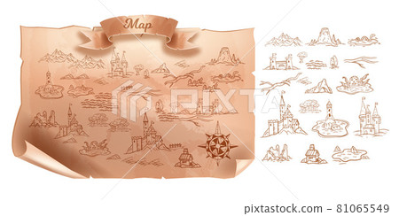 Old map, vector vintage travel cartography paper, antique medieval treasure parchment on white.  81065549