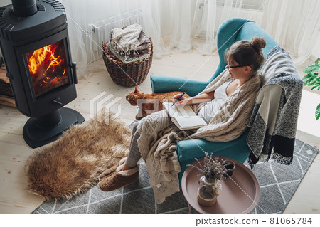 Young woman write in a notebook sitting in a armchair by the fireplace with a domestic cat 81065784