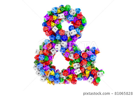 Ampersand, and sign from colored roleplaying dice. 3D rendering Ampersand, and sign from colored roleplaying dice. 3D rendering 81065828