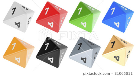 Set of 8 sided die, octahedron dice, various colors. 3D rendering Set of 8 sided die, octahedron dice, various colors. 3D rendering 81065831