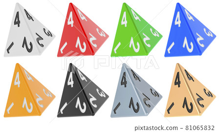 Set of 4 sided die, tetrahedron dice, various colors. 3D rendering Set of 4 sided die, tetrahedron dice, various colors. 3D rendering 81065832