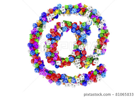 E-mail, at sign from colored roleplaying dice. 3D rendering E-mail, at sign from colored roleplaying dice. 3D rendering 81065833