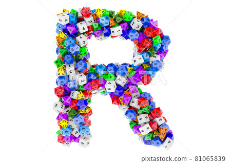 Alphabet letter R, from colored roleplaying dice. 3D rendering Alphabet letter R, from colored roleplaying dice. 3D rendering 81065839