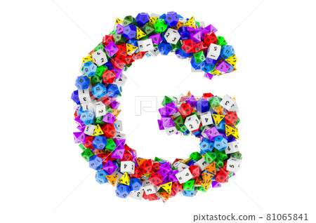 Alphabet letter G, from colored roleplaying dice. 3D rendering 81065841