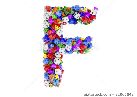 Alphabet letter F, from colored roleplaying dice. 3D rendering 81065842