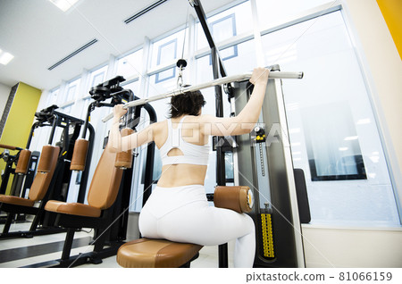 Female training sports gym lat pull-down rear view 81066159