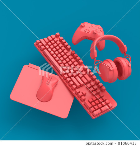 Flying gamer gears like mouse, headphones, keyboard and joystick on blue Flying gamer gears like mouse, headphones, keyboard and joystick on blue 81066415