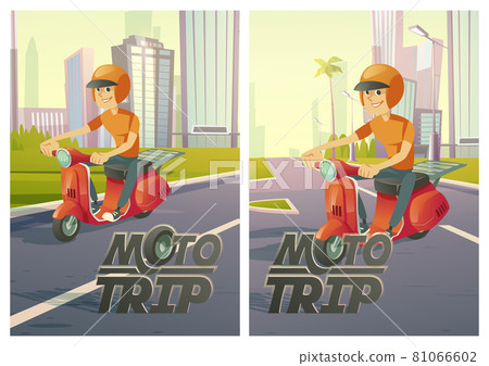 Moto trip posters with man on scooter on city road 81066602
