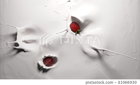 raspberry falling into white yogurt 81066930