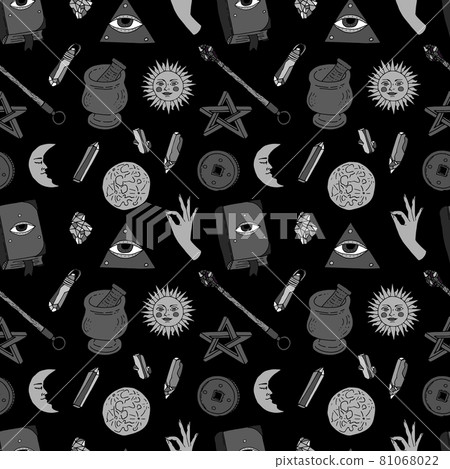 Seamless pattern with hand drawn doodle line art celestial bodies and magic items. Monochrome Spiritual mystic repeat texture 81068022
