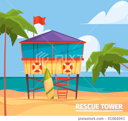 Lifeguard buildings. Seaside background with guard professional wooden building garish vector illustrations of security construction 81068041