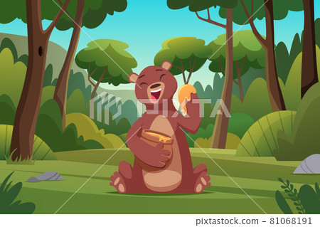 Forest background. Bear walking in forest wild... - Stock Illustration ...