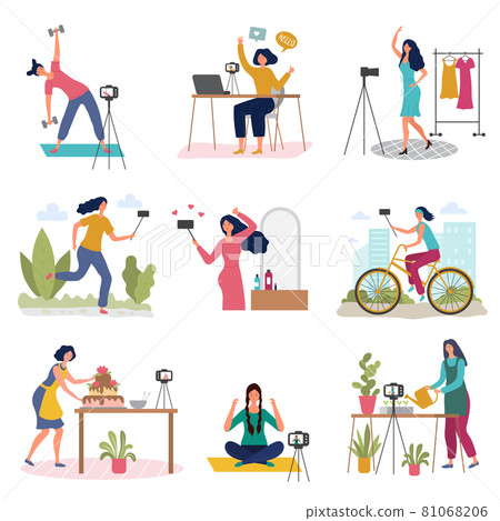 Girl blogging. Female broadcasting production beauty blog recording video in self studio recent vector illustrations in flat style Girl blogging. Female broadcasting production beauty blog recording video in self studio recent vector illustrations in flat style 81068206
