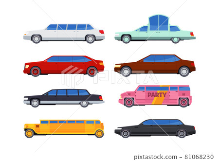 Luxury limousines. Premium car service long vehicles in flat style garish vector pictures set Luxury limousines. Premium car service long vehicles in flat style garish vector pictures set 81068230