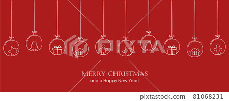 red christmas card with tree balls decoration on red background red christmas card with tree balls decoration on red background 81068231