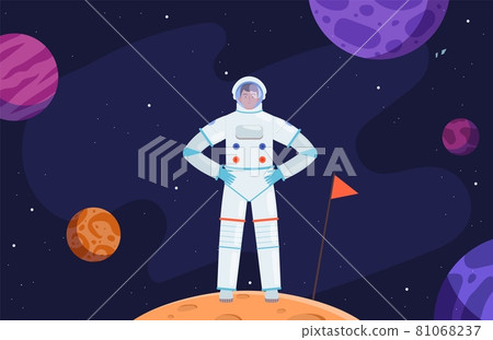 Astronaut in space. Red planet colonization, cartoon cosmonaut in universe vector illustration 81068237