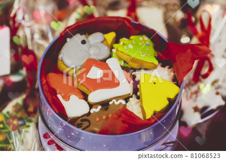 Christmas sweets background. Beautiful Christmas cookies in a jar. Christmas sweets background. Beautiful Christmas cookies in a jar. 81068523
