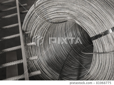 Reinforcement of concrete structures on plant. Armature storage materials in industrial workshop. Fitting manufacturing Reinforcement of concrete structures on plant. Armature storage materials in industrial workshop. Fitting manufacturing 81068775