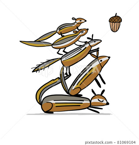 Funny Chimpank family with nuts. Ground Squirrel. Sketch for your design 81069104