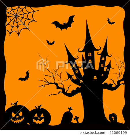 Halloween background with castle, pumpkin and bat. Vector scene. Halloween background with castle, pumpkin and bat. Vector scene. 81069199