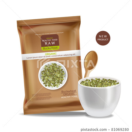 Green buckwheat vector realistic. Product placement mock up. Label design. Fresh healthy foods 81069280