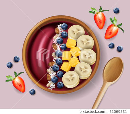 Acai smoothie bowl vector realistic mock up. Banana and fruits on top. Green healthy organic foods Acai smoothie bowl vector realistic mock up. Banana and fruits on top. Green healthy organic foods 81069281