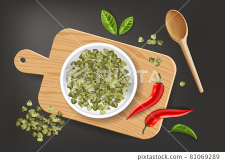 Green buckwheat vector realistic. Product placement mock up. Label design. Fresh healthy foods 81069289