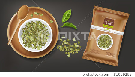 Green buckwheat vector realistic. Product placement mock up. Label design. Fresh healthy foods 81069292