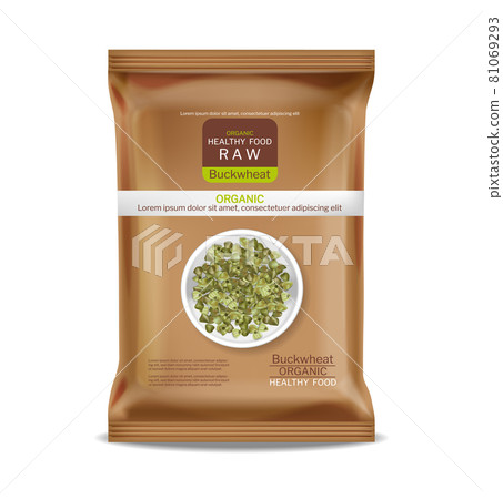 Green buckwheat vector realistic. Product placement mock up. Label design. Fresh healthy foods 81069293