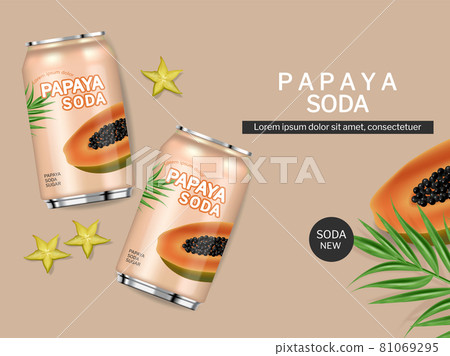 Papaya canned juice drink vector realistic. Product placement package fresh natural juice mock up. Label packaging designs Papaya canned juice drink vector realistic. Product placement package fresh natural juice mock up. Label packaging designs 81069295
