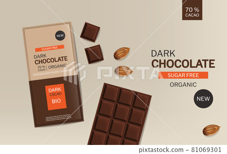 Dark chocolate bar vector realistic. Product placement design package mock up. Delicious pieces of chocolate. Template label banner advertises Dark chocolate bar vector realistic. Product placement design package mock up. Delicious pieces of chocolate. Template label banner advertises 81069301