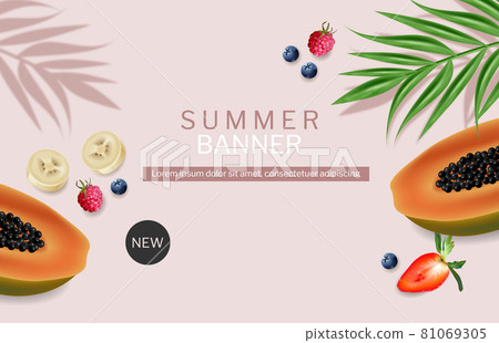 Papaya and berries Summer exotic banner vector realistic. Template banner design tropic backgrounds Papaya and berries Summer exotic banner vector realistic. Template banner design tropic backgrounds 81069305