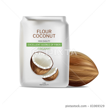 Coconut flour vector realistic package. Product placement mock up detailed label designs Coconut flour vector realistic package. Product placement mock up detailed label designs 81069329