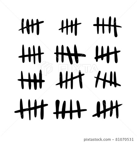 Tally marks set hand drawn on the wall isolated. Counting characters. Counting days in prison. Vector illustration. Tally marks set hand drawn on the wall isolated. Counting characters. Counting days in prison. Vector illustration. 81070531