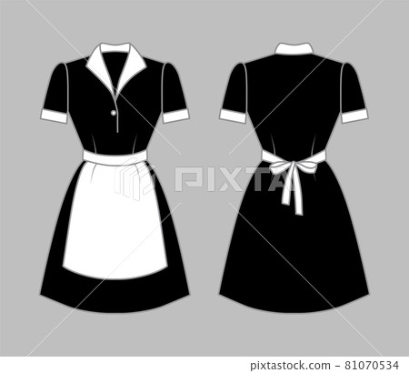Black maid uniform with a white apron, collar and cuffs. Front and rear view. Vector illustration of an isolated background. Black maid uniform with a white apron, collar and cuffs. Front and rear view. Vector illustration of an isolated background. 81070534