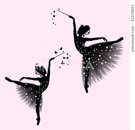 fairy ballerina princess with crown, magic wand and starry tutu vector silhouette outline 81070661