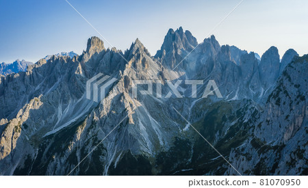 Cadini mountain group with Cima Cadin di NE, Cima Cadin di San Lucano, Cima di Croda Liscia and Torre Siorpaes as seen from Rifugio Lavaredo, Sesto Dolomites, South Tirol, Italy Cadini mountain group with Cima Cadin di NE, Cima Cadin di San Lucano, Cima di Croda Liscia and Torre Siorpaes as seen from Rifugio Lavaredo, Sesto Dolomites, South Tirol, Italy 81070950