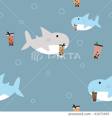 grey shark and blue shark are drinking Boba tea fabric seamless cute pattern 81071695