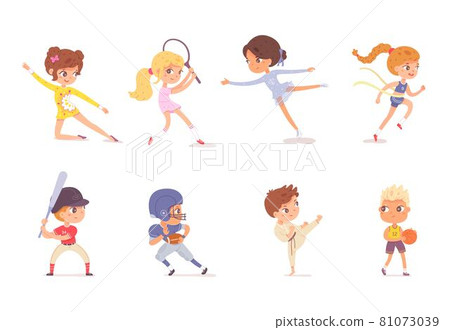 Boys and girls playing sports set. Happy kids exercising vector illustration. Children do gymnastics, figure skating, athletics, play tennis, karate, baseball, rugby, basketball on white background Boys and girls playing sports set. Happy kids exercising vector illustration. Children do gymnastics, figure skating, athletics, play tennis, karate, baseball, rugby, basketball on white background 81073039