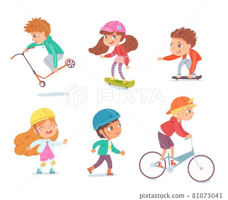 Kids playing sports set. Happy children doing healthy exercise at leisure time vector illustration. Boys and girls on scooter, roller skates, skateboard, bike on white background Kids playing sports set. Happy children doing healthy exercise at leisure time vector illustration. Boys and girls on scooter, roller skates, skateboard, bike on white background 81073041