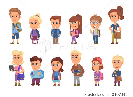 School student characters. Students with books and backpacks, cartoon children. Isolated girl boy teens, elementary education decent vector set 81073401