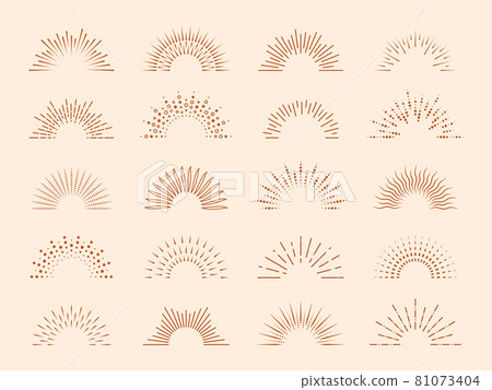 Sunburst rays. Abstract sun, esoterico burst boho style. Bohemian tattoo, retro line sunrise logo. Minimalist fireworks tidy vector collection 81073404