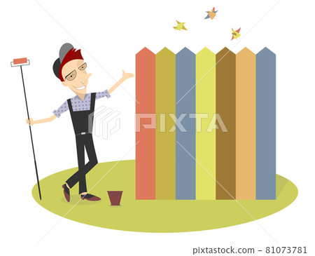 Cartoon painter is painting a fence isolated on white illustration 81073781