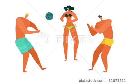 Beach vacation people. Summer sea ocean family relax and playing sports, people sunbathing, fun characters in swimsuits, beach volleyball. Vector cartoon flat style isolated illustration 81073811