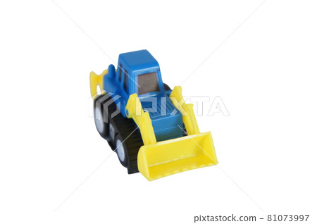Selected focused on toy bulldozer isolated on white background. Made from eco-friendly plastic. Suitable for small children. Selected focused on toy bulldozer isolated on white background. Made from eco-friendly plastic. Suitable for small children. 81073997
