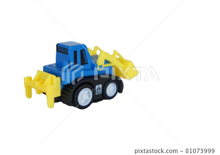 Selected focused on toy bulldozer isolated on white background. Made from eco-friendly plastic. Suitable for small children. Selected focused on toy bulldozer isolated on white background. Made from eco-friendly plastic. Suitable for small children. 81073999